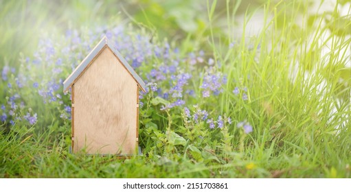 Wooden House In A Meadow, Buying Or Renting A House In Nature, Real Estate Concept, Booking Home For Vacation, Copy Space For Text