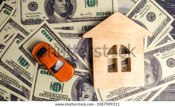 a wooden\
house model and car with American dollars. buying and selling or\
car insurance. Concept of business success. purchase or sale of\
property, mortgage. selective\
focus