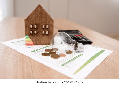 Wooden House Model with light Bulb, Coins, calculator and Energy Efficiency Chart on the table, Analyzing Electricity Costs concept - Powered by Shutterstock