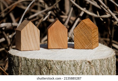 Wooden House Models On Tree Stump In The Outdoors. Concept Image For Wood As A Renewable And Sustainable Building Material For Modular Timber Architecture. 