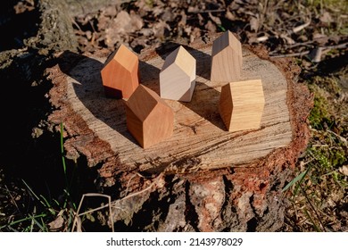 Wooden House Models On Tree Stump In The Outdoors. Concept Image For Wood As A Renewable And Sustainable Building Material For Modular Timber Architecture. 