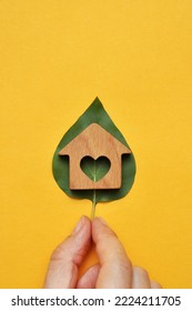 A Wooden House On A Leaf Of A Plant In The Hands Of A Man. A Symbol Of Environmentally Friendly Housing