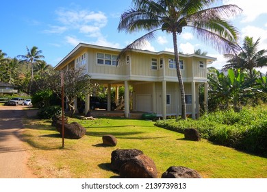 Wooden House On Stilts On Moloa'a Beach On The North Shore Of Kauai Island In Hawaii, United States