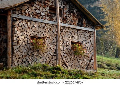 wooden house with a roof and windows made of planks embedded in leveled split wood for heating in a cottage or house. in niche are flower beds with red blooming geraniums in autumn alpine landscape - Powered by Shutterstock