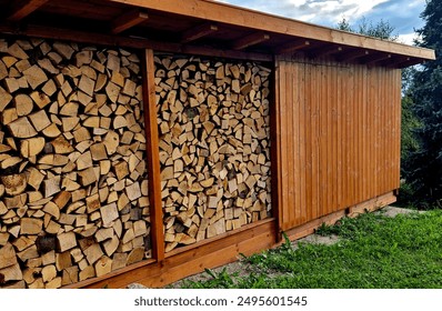 wooden house with a roof and windows made of planks embedded in leveled split wood for heating in a cottage or house. in niche are flower beds with red blooming geraniums in autumn alpine landscape - Powered by Shutterstock