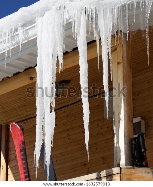 Wooden House Snow Cornice Big Icicles Stock Photo Edit Now