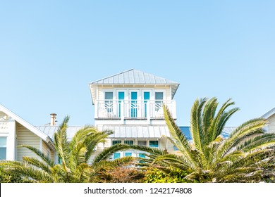 Wooden house tower new urbanism modern architecture by beach ocean, nobody in Florida view during sunny day