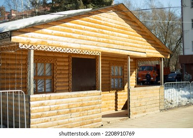 Wooden house for trade. Building is in old style. Construction of boards. - Shutterstock ID 2208910769