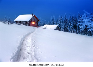 Wooden House In Winter Forest