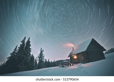 Wooden House In Winter Forest, Toned Like Instagram Filter