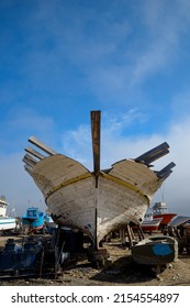 Wooden Hull Fishing Boat On The Boatyard.