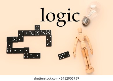 Wooden human figurine, light bulb, dominoes and word LOGIC on beige background - Powered by Shutterstock