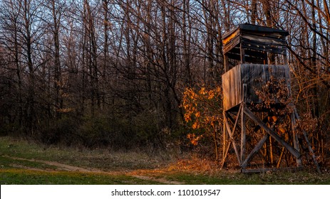 Wooden Hunting Box Hide In The Woods Painted Orange By The Last Rays Of The Sunset - The Ideal Place And Light Conditions For Hunting Is After Sunset