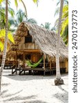 Wooden hut on the beach with palm trees in Palomino, Colombia, South America