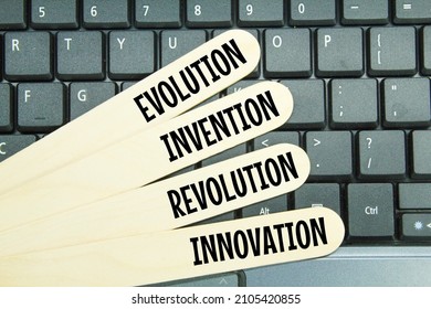wooden ice cream sticks with the words innovation, invention, evolution and revolution