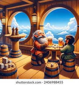 wooden indoor Bar with round tables on deck of a flying sailing ship. two dwarfs play dice together on one table. The dwarfs have a beer each. Through the small square windows we can see clouds, sky and the valley and mountains down far below.