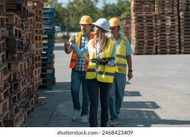 Wooden industry workers walk with their supervisor on the factory yard, checking numbers and quality of products. They discuss production details and ensure standards are met. - Powered by Shutterstock