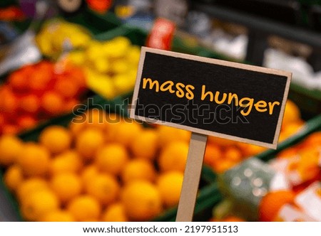 Wooden information label sign with text MASS HUNGER against defocused store shelves message. Global hunger, inflation, high prices, increasing living expenses and poverty, financial crisis, food