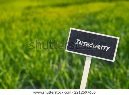 Wooden information label sign with text INSECURITY against defocused agriculture field message. Global hunger, inflation, high prices, increasing living expenses and poverty, wheat crisis, financial