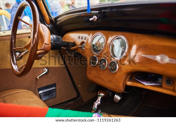 Wooden interior of an old\
car