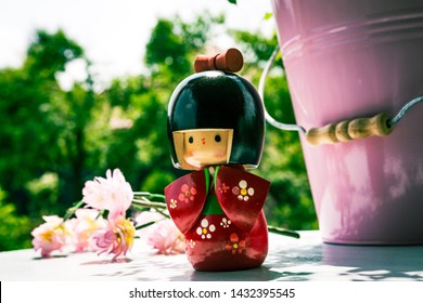 Kokeshi Doll Red Kimono with Cherry Blossoms