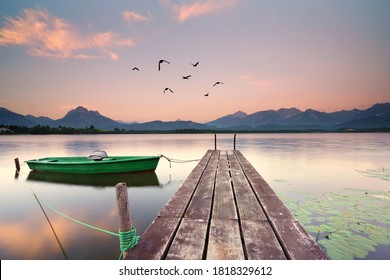 Wooden Jetty At The Lake, Boat On The Lake