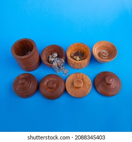 Wooden Jewelery Box Set With Blue Background