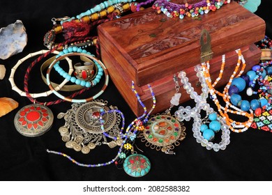  Wooden Jewelery Chest And Various Jewelries