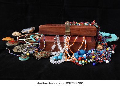  Wooden Jewelery Chest And Various Jewelries