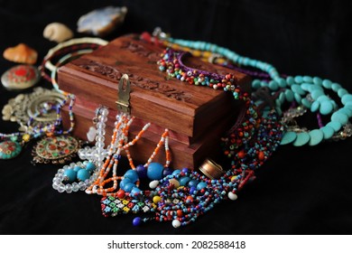  Wooden Jewelery Chest And Various Jewelries