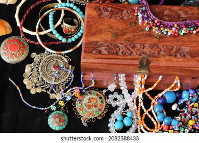  Wooden Jewelery Chest And Various Jewelries