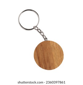 Wooden keychain isolated on white, top view