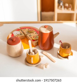 Wooden Kids Tea Set. Set Of Images Of Happy Cheerful Young Children In The Room Playing With Toys And Smiling On The Background Of Bright Toys