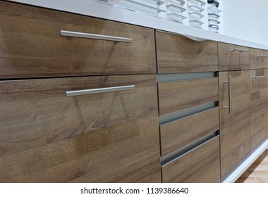 Wooden Kitchen Cabinet With Different Stainless Steel Handles 