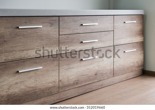 Wooden Kitchen Drawers Silver Handles Stock Photo Edit Now