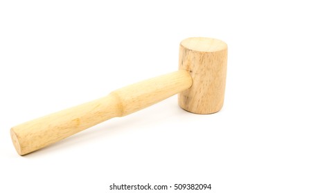 Wooden Kitchen Hammer Or Crab Mallet. Isolated On White Background. Slightly De-focused And Close-up Shot. Copy Space.