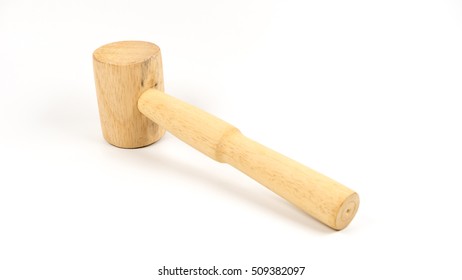 Wooden Kitchen Hammer Or Crab Mallet. Isolated On White Background. Slightly De-focused And Close-up Shot. Copy Space.