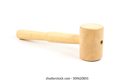 Wooden Kitchen Hammer Or Crab Mallet. Isolated On White Background. Slightly De-focused And Close-up Shot. Copy Space.