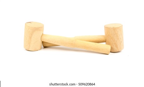 Wooden Kitchen Hammer Or Crab Mallet. Isolated On White Background. Slightly De-focused And Close-up Shot. Copy Space.