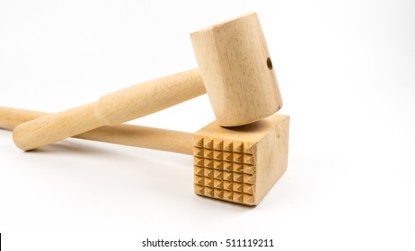 Wooden Kitchen Hammer Or Crab Mallet. Isolated On White Background. Slightly De-focused And Close-up Shot. Copy Space.