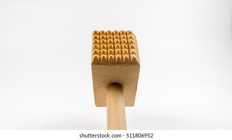 Wooden Kitchen Hammer Or Crab Mallet. Isolated On White Background. Slightly De-focused And Close-up Shot. Copy Space.