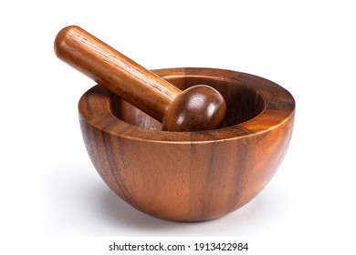 Wooden Kitchen Mortar, Isolated On White Background, Kitchen Utensil