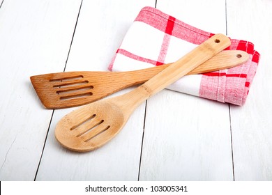 Wooden Kitchen Set With Tea Towel, On Wooden White Background.