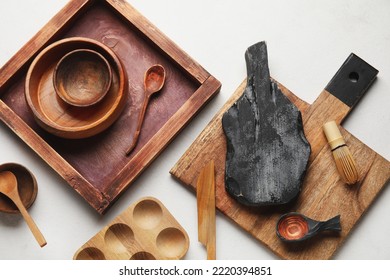 Wooden Kitchen Supplies On White Background