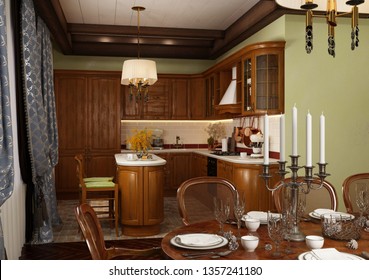 Wooden Kitchen Unit In Colonial Style Interior.modern Kitchen Interior Style Wooden Concept Modern Table And Kitchen Accessory 