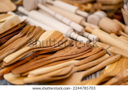 Wooden kitchenware and decorations sold on Easter market in Vilnius. Lithuanian capitals annual traditional crafts fair is held every March on Old Town streets