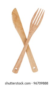 Wooden Knife And Fork On A White Background