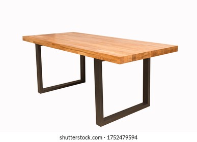 wooden lacquered table with black metal legs on white background standing at an angle of 45 degrees