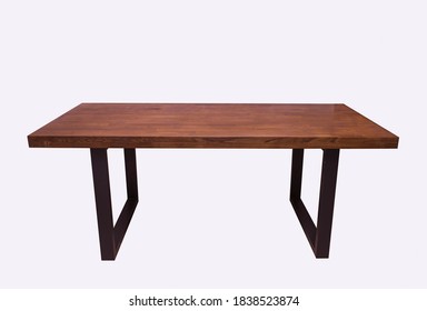 Wooden Lacquered Table With Black Metal Legs On White Background 