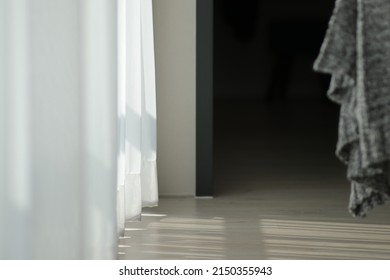 Wooden Laminate Floor With Shadow Drop And Copy Space. White Curtains For House Decor, Apartment, Real Estate, Property, Living, Hotel. Opaque And  Translucent White Curtain In Modern Luxury Bedroom.